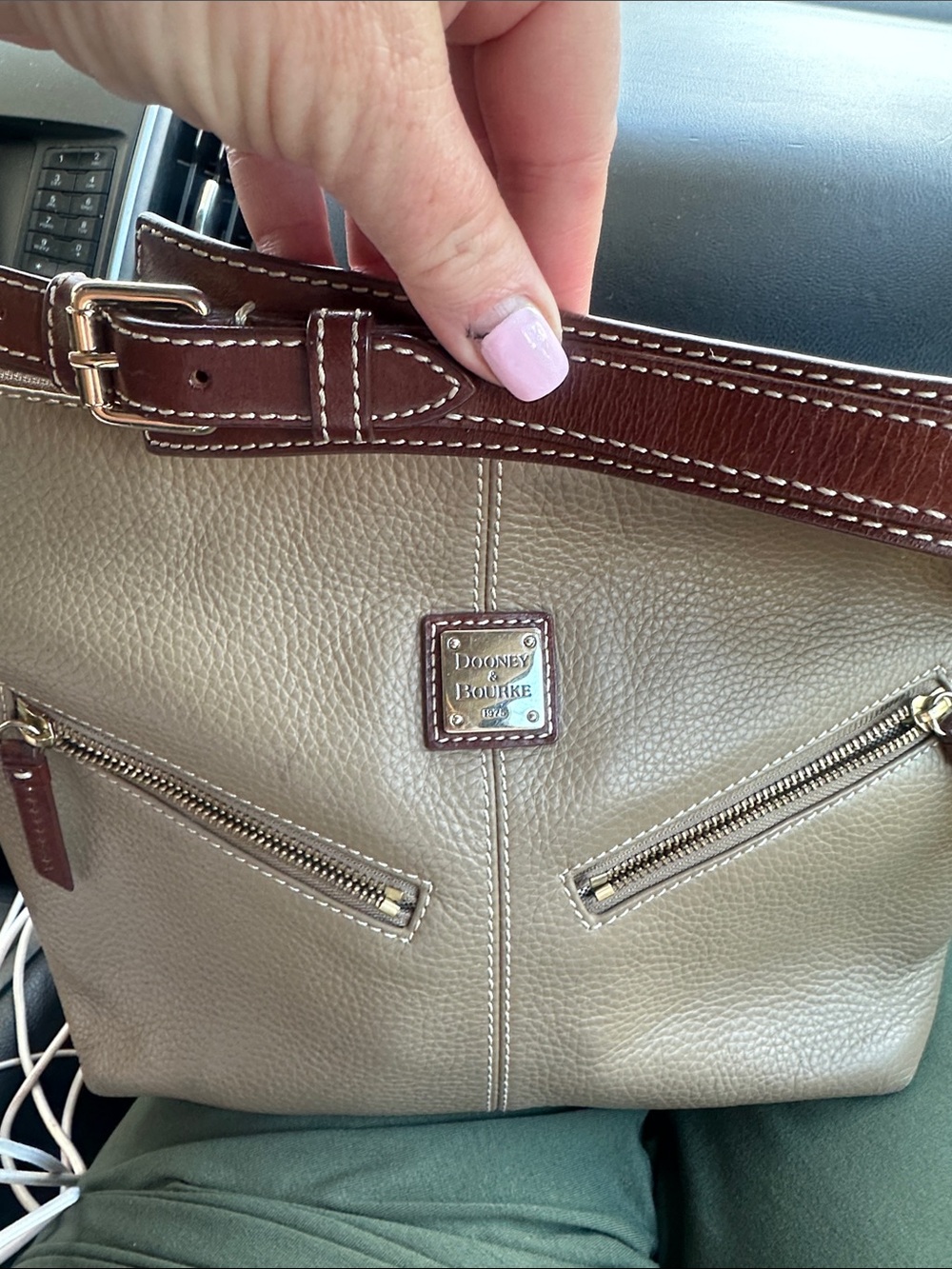 Dooney & Bourke Taupe Pebble Leather Crossbody with Brown Strap